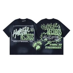 HellstarRecords Street Style Black and Green Short Sleeve T-Shirt