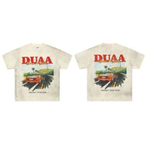 DUAA Sports Car Print American Retro Off-white Short Sleeve T-Shirt