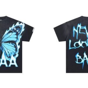 DUAA Butterfly Print Street Style Black and Blue Short-sleeved T-shirt
