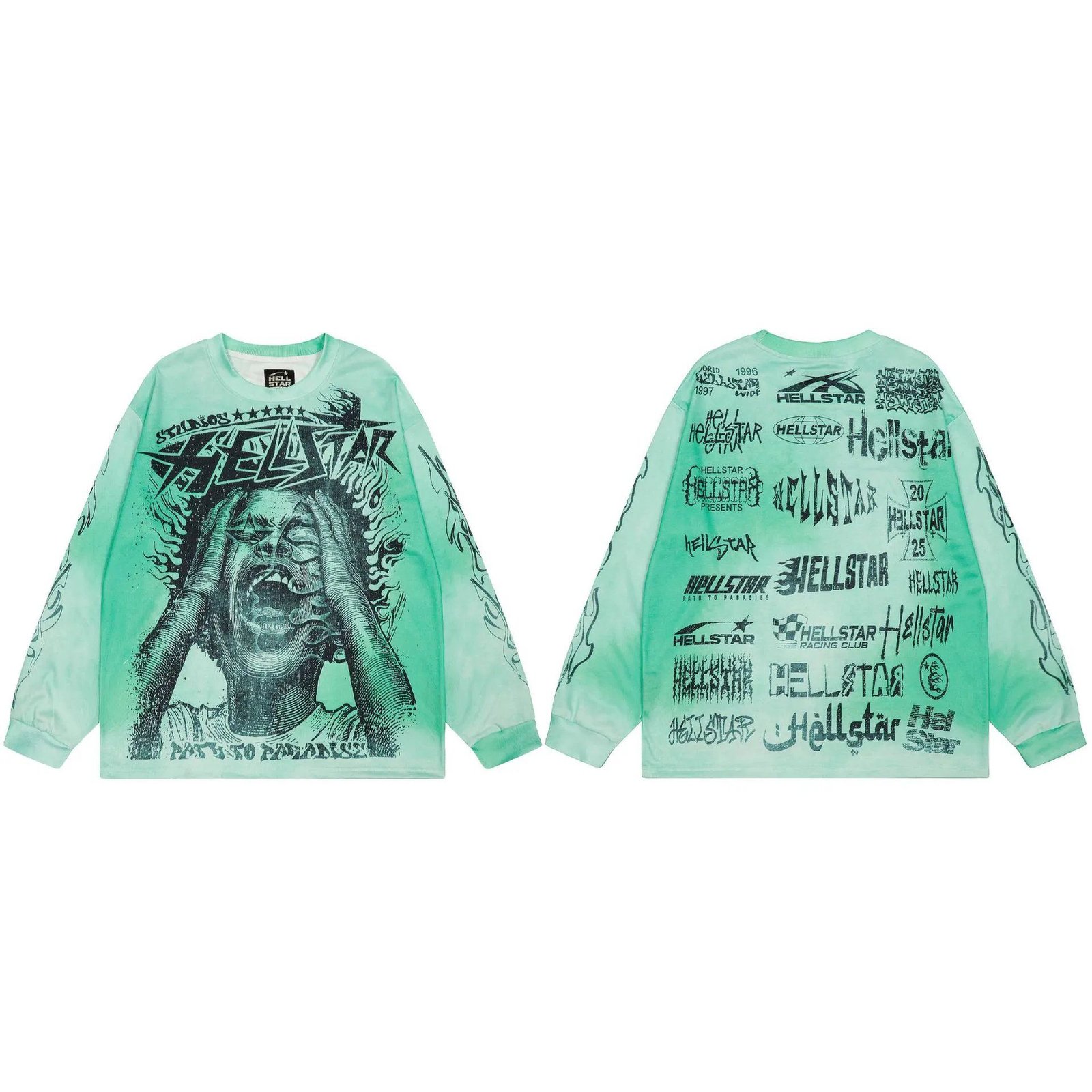 Hellstar All-over Portrait Print Street Style Mint Green Long Sleeve