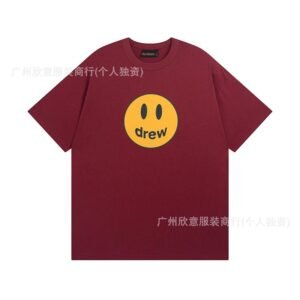 DREW Smiley Face Streetwear Style Burgundy Short Sleeve T-Shirt