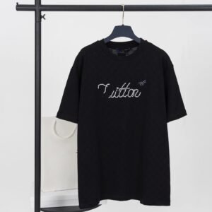 Louis Vuitton Trendy Rhinestone-embellished Black Short-sleeve T-shirt