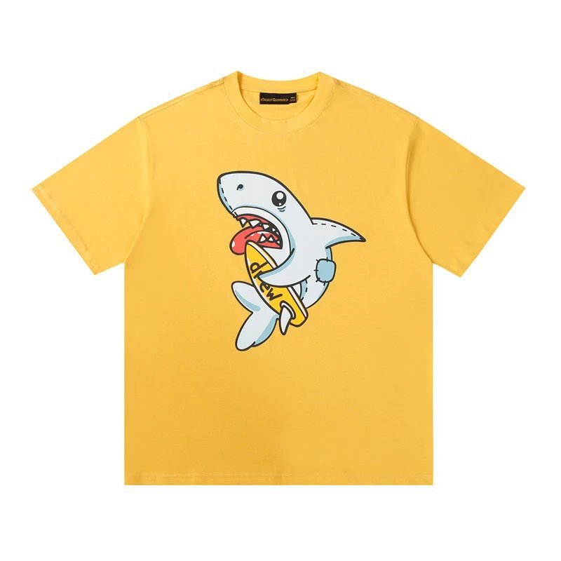 DREW Shark Print Street Style Yellow T-shirt