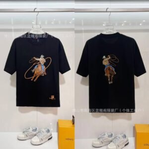 Louis Vuitton Vintage Style Black T-Shirt with Denim Embroidery