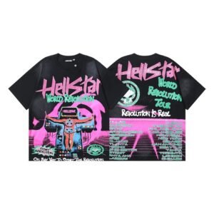 Hellstar Revolution Tour Street Style Black and Pink Short Sleeve T-Shirt