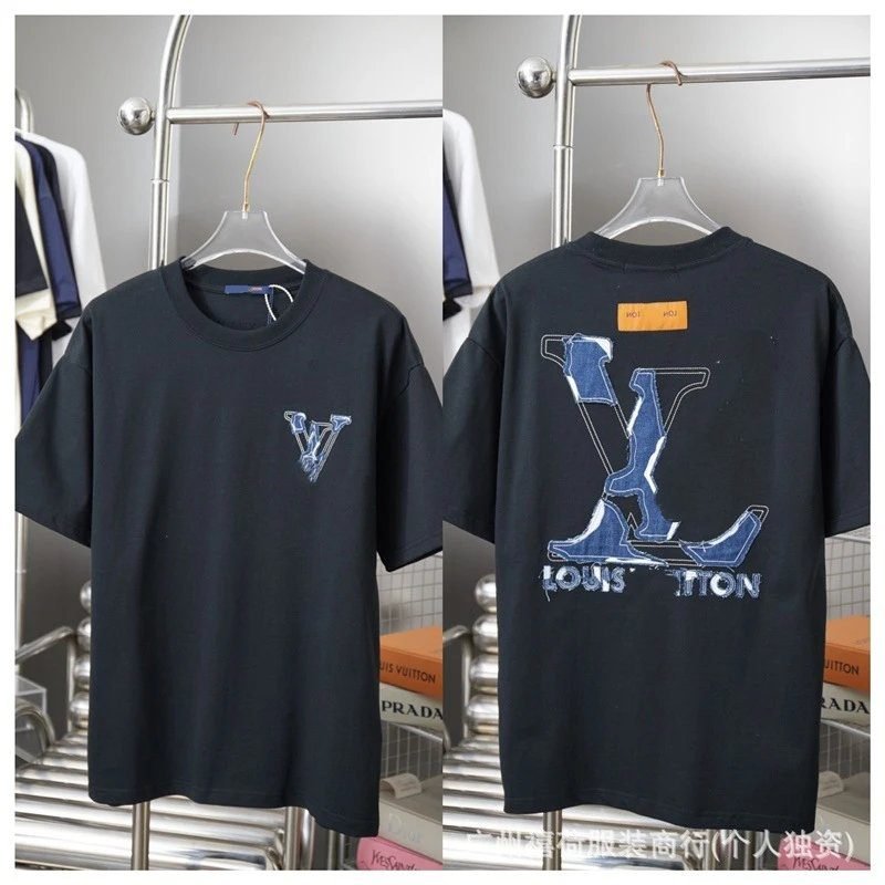 Louis Vuitton Applique Embroidered Trendy Black T-Shirt