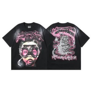 Hellstar Portrait Print Street Style Black and Pink Short Sleeve T-Shirt