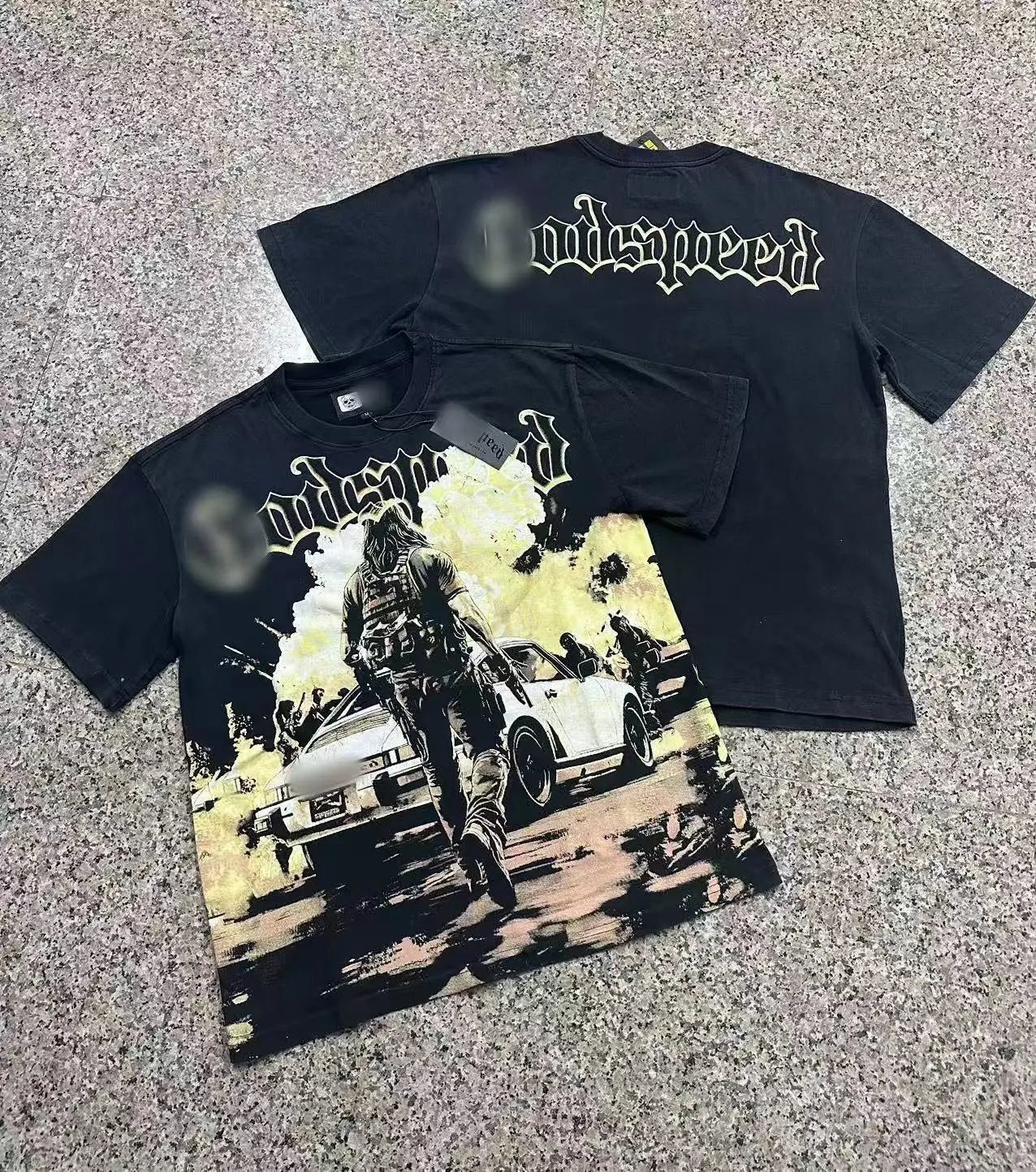 Godspeed Gunfight Print Vintage-Style Black T-Shirt