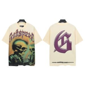 Godspeed Skull Print Gothic Style Beige Short Sleeve T-Shirt