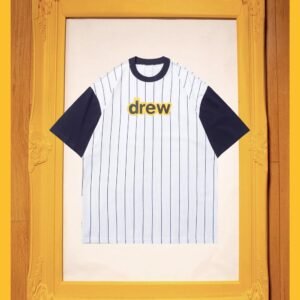 DREW Letter Print Street Style White and Navy Blue Short Sleeve T-Shirt