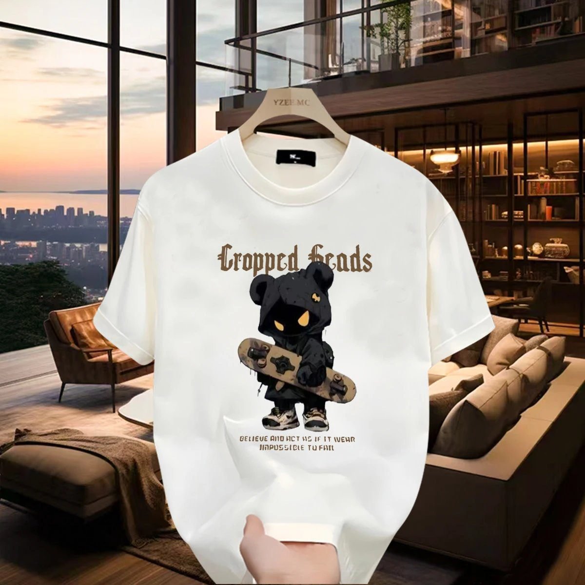 YZEEMC Bear Print Dark Style Off-white T-shirt
