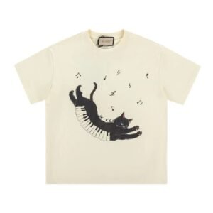 Gucci Artistic Style Cat Print Off-white Short-sleeve T-shirt