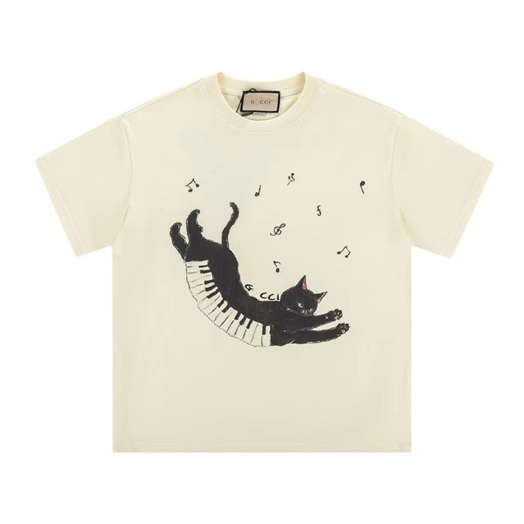 Gucci Artistic Style Cat Print Off-white Short-sleeve T-shirt
