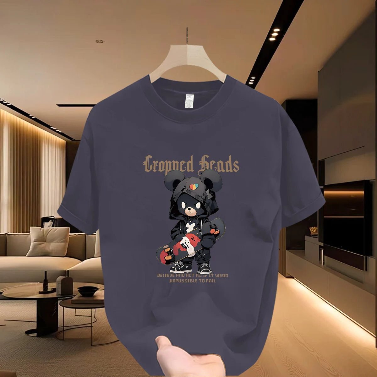 Streetwear Brand Skateboard Bear Street Style Dark Grey Printed T-Shirt