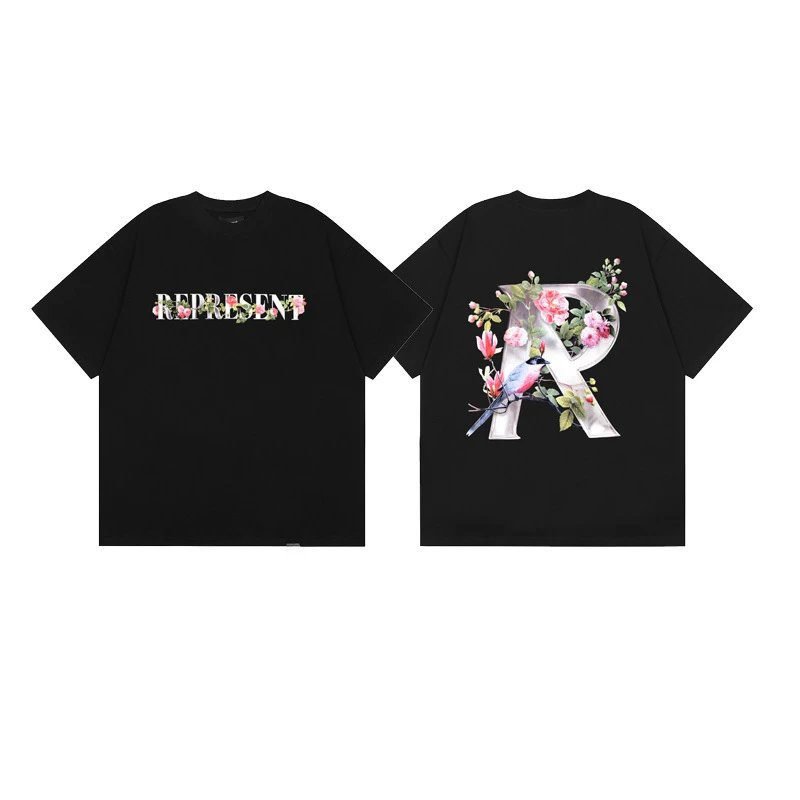 Represent Bird and Flower Print High Street Style Black T-Shirt