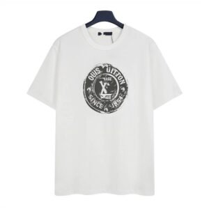 Louis Vuitton Vintage-style Distressed Stamp Print White T-Shirt