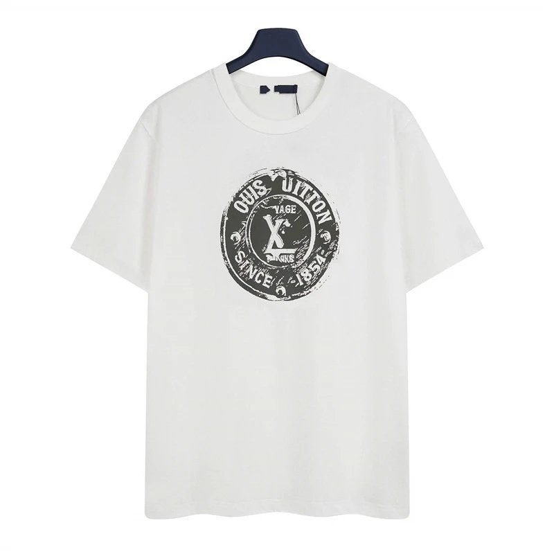 Louis Vuitton Vintage-style Distressed Stamp Print White T-Shirt
