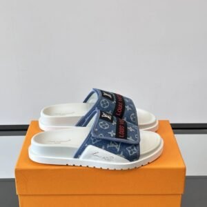 Louis Vuitton Monogram Trendy Denim Blue One-strap Slide Sandals