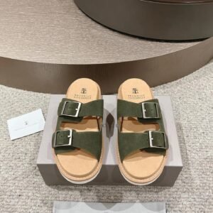 Brunello Cucinelli Casual Style Army Green Double-Buckle Slide Sandals