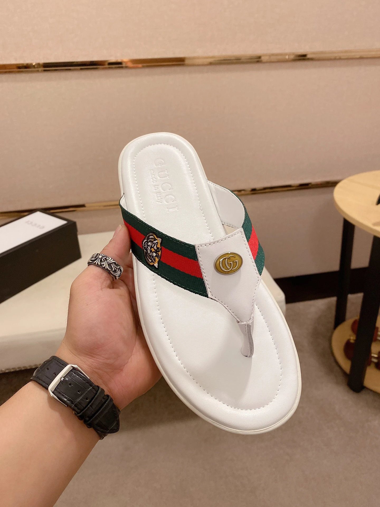 Gucci Tiger Head Webbing Casual White Flip-Flops