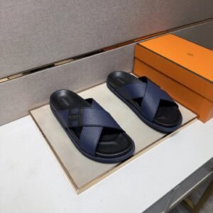 Hermès Interlaced H Logo Light Luxury Style Navy Blue Slides