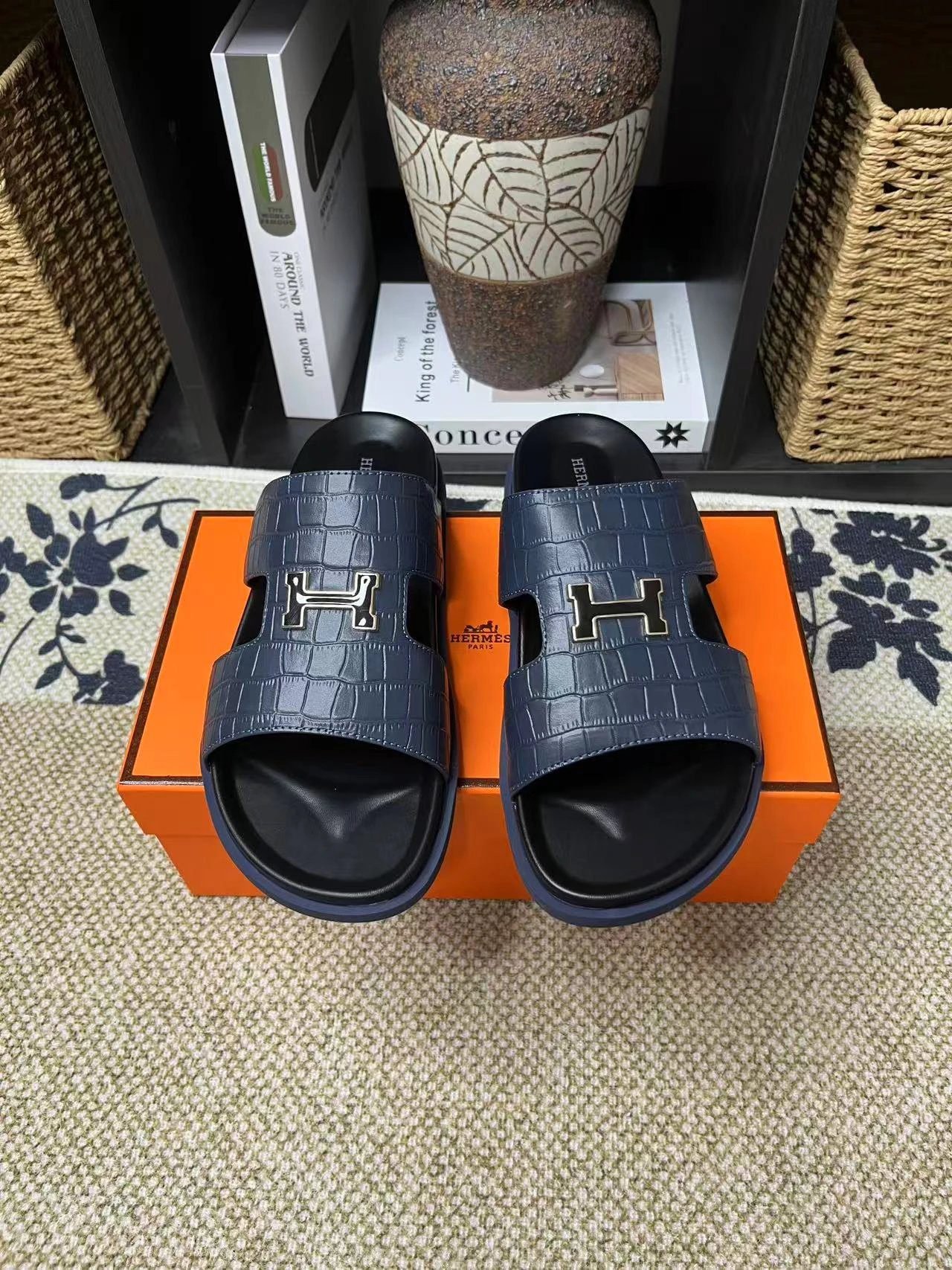 Hermès H-Buckle Collection Light Luxury Style Navy Blue Slides