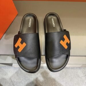 Hermès H Series Minimalist Style Black and Orange Colorblock Slide Sandals