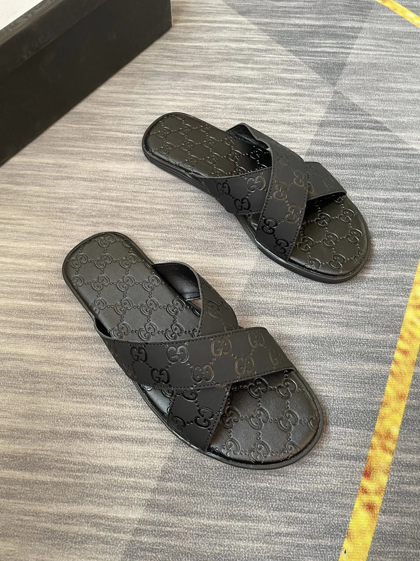 Gucci Double G Embossed Light Luxury Style Black Slide Sandals