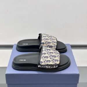 Dior Oblique Collection Light Luxury Style Blue-Black Colorblock Slide Sandals