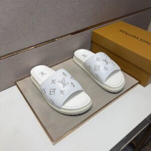 Louis Vuitton Monogram Embroidered Trendy Style White Slippers