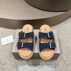 Brunello Cucinelli Buckled Casual-Style Navy Blue Slides