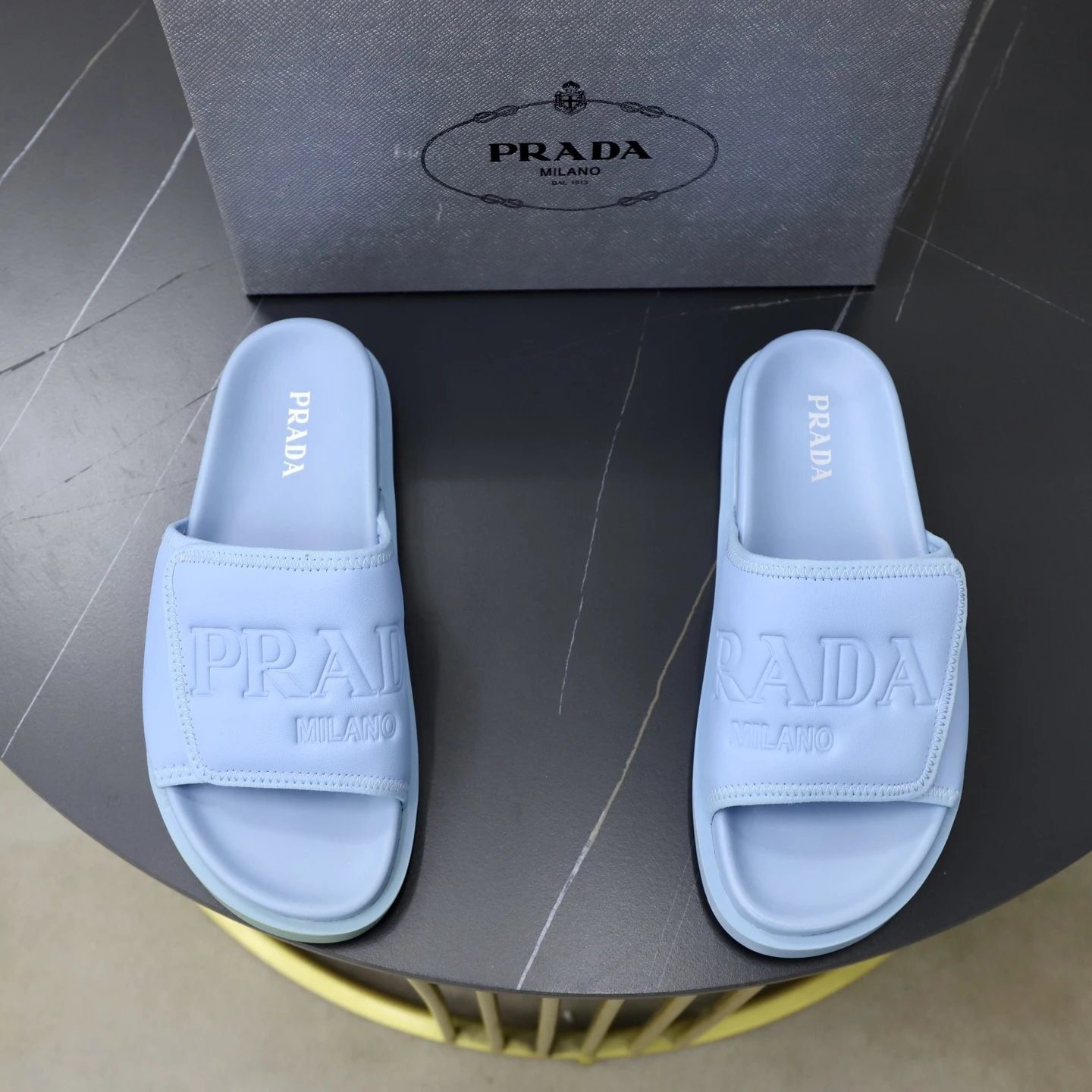 Prada Embossed Collection Minimalist Style Light Blue Slides