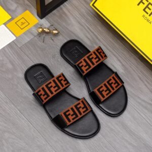 Fendi FF Monogram Streetwear Style Black and Brown Color-block Slide Sandals