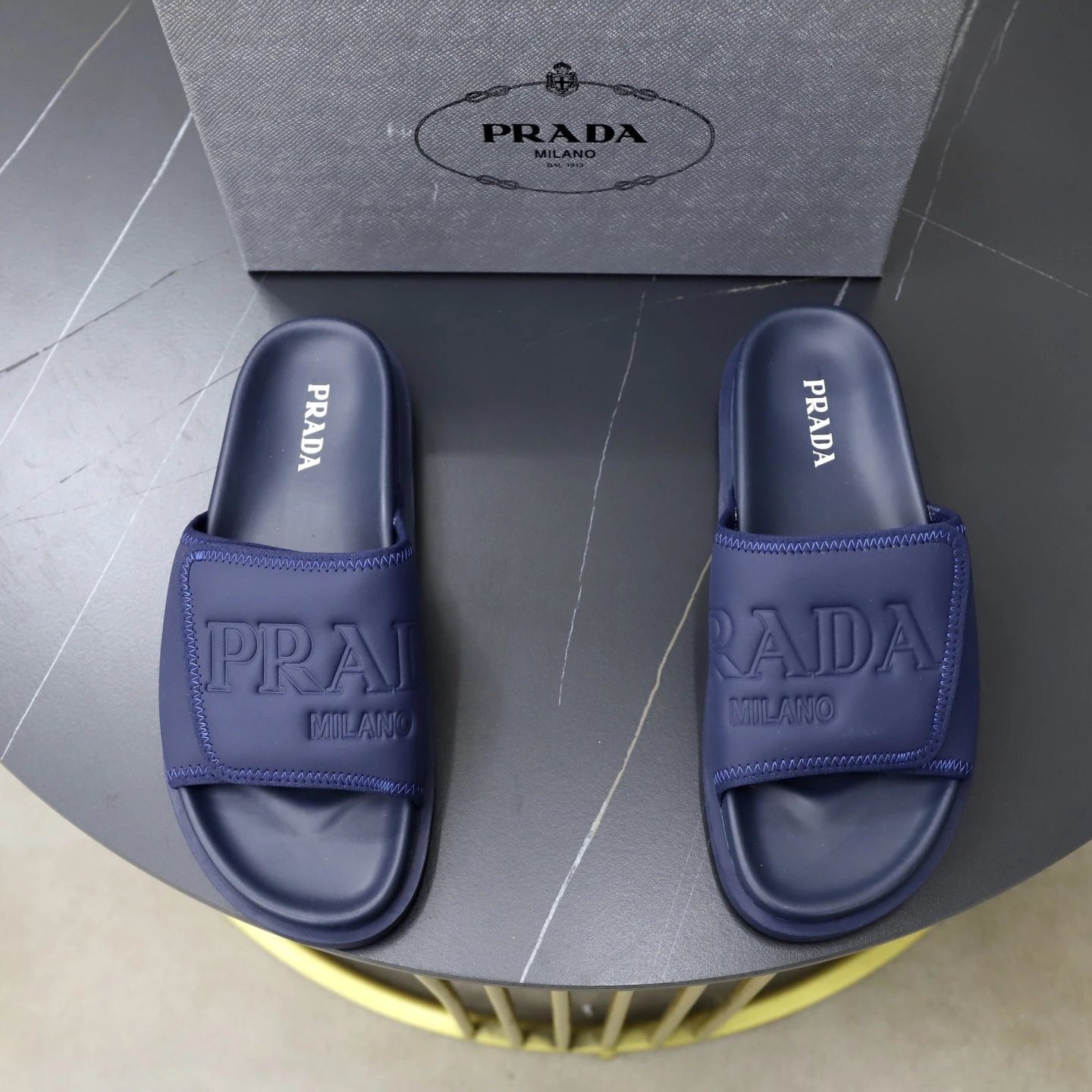 Prada Embossed Collection Minimalist Style Dark Blue Slide Sandals