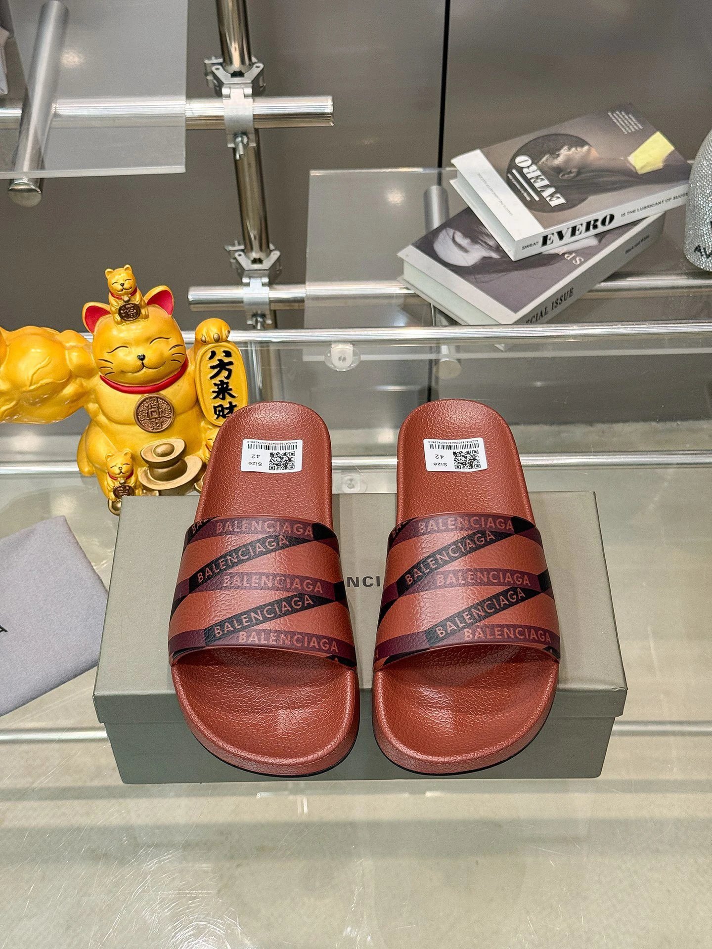 Balenciaga All-over Print Street Style Red-Brown Slide Sandals