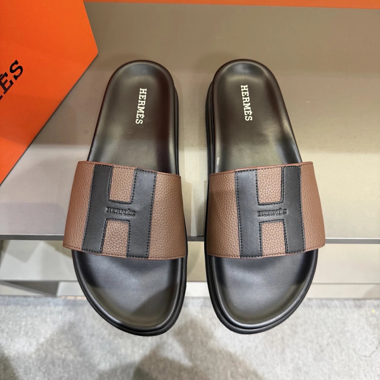 Hermès H Collection Minimalist Black & Brown Color-block Slide Sandals