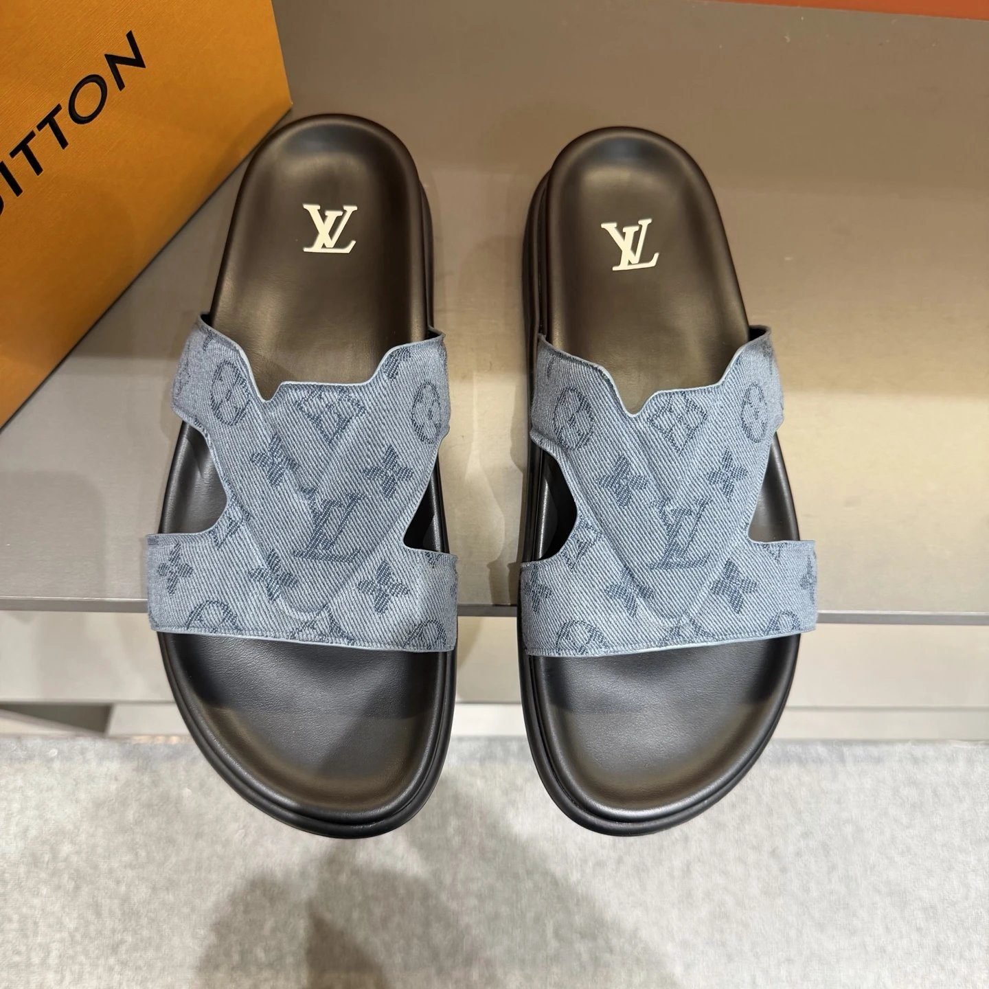 Louis Vuitton Monogram Light Luxury Style Denim Blue Slide Sandals