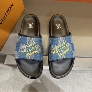 Louis Vuitton Checkerboard Graffiti Style Blue and Black Slides