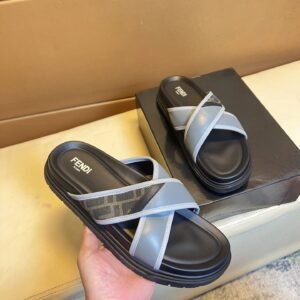 Fendi FF Monogram Casual Style Light Grey Slide Sandals