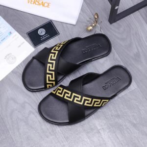 Versace Greek Key Luxury Style Black and Gold Slide Sandals