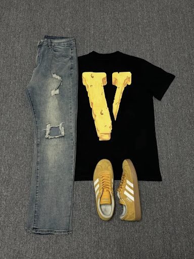 Vlone Cheese T-shirt with Adidas Yellow Gazelles streetwear outfit