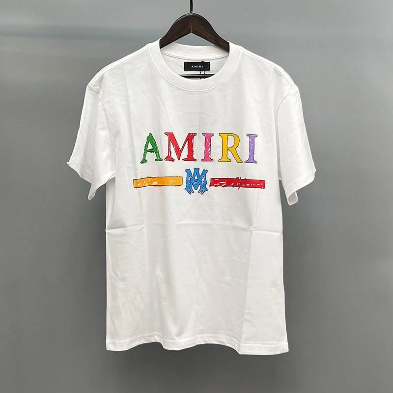 Amiri Color-Letter Graphic White Records Graphic T-Shirt Travel Styling